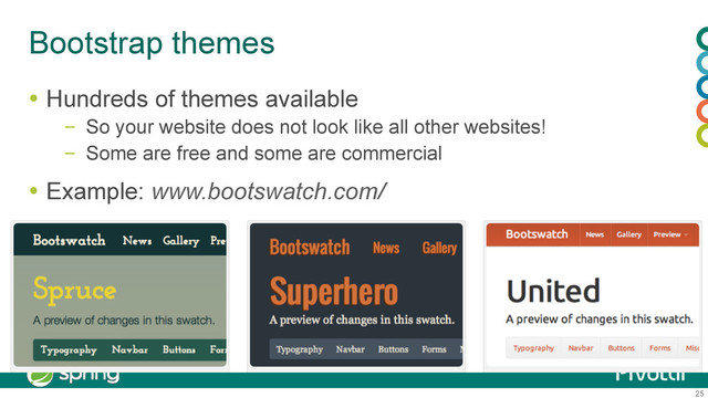25
Bootstrap themes
  Hundreds of themes available
–  So your website does not look like all other websites!
–  Some are free and some are commercial
  Example: www.bootswatch.com/
