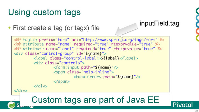 28
Using custom tags
  First create a tag (or tagx) file
<%@ taglib prefix="form" uri="http://www.spring…org/tags/form" %>
<%@ attribute name="name" required="true" rtexprvalue="true" %>
<%@ attribute name="label" required="true" rtexprvalue="true" %>
<div class="control-group">
${label}
<div class="controls">

<span class="help-inline">

</span>
</div>
</div>
inputField.tag
Custom tags are part of Java EE
