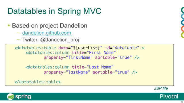 32
Datatables in Spring MVC
  Based on project Dandelion
–  dandelion.github.com
–  Twitter: @dandelion_proj




JSP file
