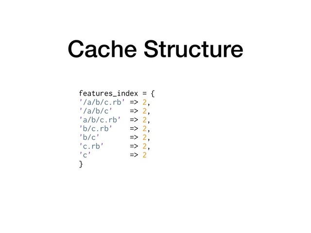 Cache Structure
features_index = {
'/a/b/c.rb' => 2,
'/a/b/c' => 2,
'a/b/c.rb' => 2,
'b/c.rb' => 2,
'b/c' => 2,
'c.rb' => 2,
'c' => 2
}

