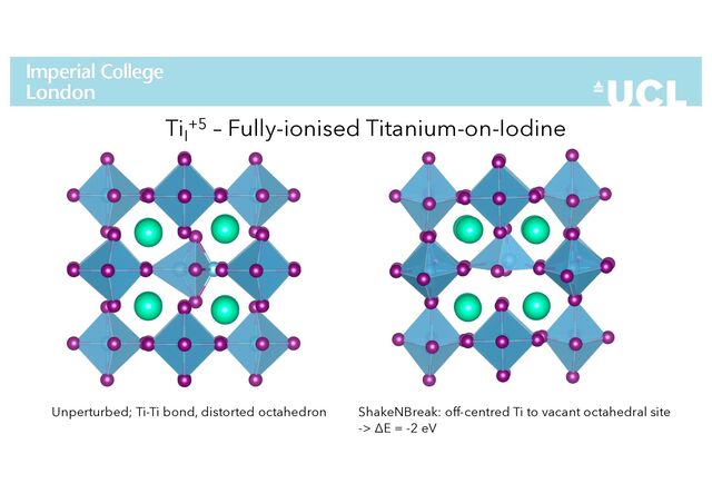 TiI
+5 – Fully-ionised Titanium-on-Iodine
Unperturbed; Ti-Ti bond, distorted octahedron ShakeNBreak: off-centred Ti to vacant octahedral site
-> ΔE = -2 eV
