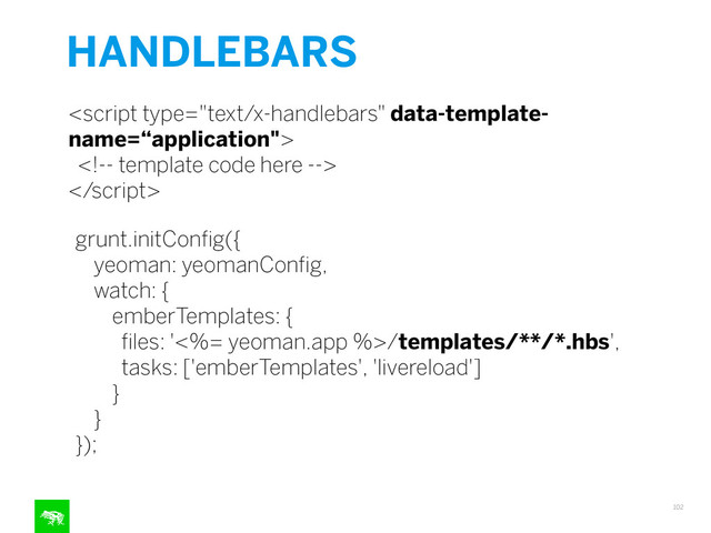 HANDLEBARS
102

<!-- template code here -->

grunt.initConﬁg({
yeoman: yeomanConﬁg,
watch: {
emberTemplates: {
ﬁles: '<%= yeoman.app %>/templates/**/*.hbs',
tasks: ['emberTemplates', 'livereload']
}
}
});
