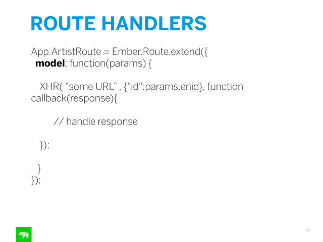 ROUTE HANDLERS
125
App.ArtistRoute = Ember.Route.extend({
model: function(params) {
!
XHR( "some URL” , {"id":params.enid}, function
callback(response){
// handle response
});
!
}
});
