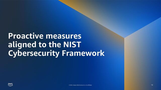 DEVELOPER WEEK 2022 – LOG4SHELL – LESSONS LEARNED
© 2022, Amazon Web Services, Inc. or its affiliates.
© 2022, Amazon Web Services, Inc. or its affiliates.
Proactive measures
aligned to the NIST
Cybersecurity Framework
12
