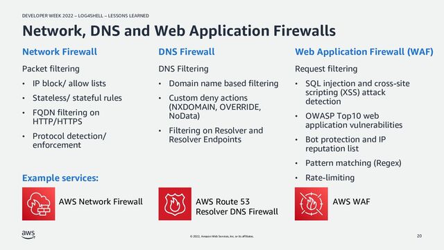 DEVELOPER WEEK 2022 – LOG4SHELL – LESSONS LEARNED
© 2022, Amazon Web Services, Inc. or its affiliates.
Network, DNS and Web Application Firewalls
Network Firewall
Packet filtering
• IP block/ allow lists
• Stateless/ stateful rules
• FQDN filtering on
HTTP/HTTPS
• Protocol detection/
enforcement
DNS Firewall
DNS Filtering
• Domain name based filtering
• Custom deny actions
(NXDOMAIN, OVERRIDE,
NoData)
• Filtering on Resolver and
Resolver Endpoints
Web Application Firewall (WAF)
Request filtering
• SQL injection and cross-site
scripting (XSS) attack
detection
• OWASP Top10 web
application vulnerabilities
• Bot protection and IP
reputation list
• Pattern matching (Regex)
• Rate-limiting
20
AWS Network Firewall AWS Route 53
Resolver DNS Firewall
AWS WAF
Example services:
