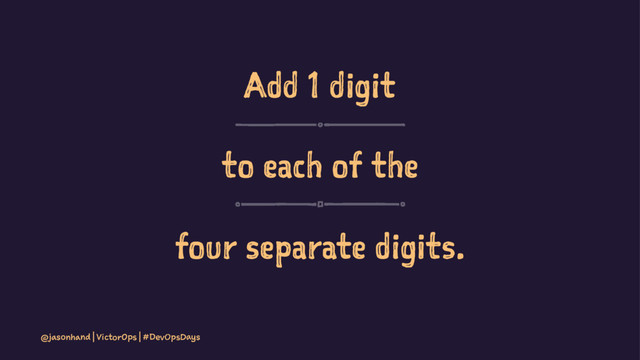 Add 1 digit
to each of the
four separate digits.
@jasonhand | VictorOps | #DevOpsDays
