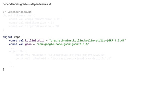 dependencies.gradle -> dependencies.kt
// Dependencies.kt
object SdkVersions {
const val compileSdkVersion = 28
const val minSdkVersion = 21
const val targetSdkVersion = 28
}
object Deps {
const val kotlinStdLib = “org.jetbrains.kotlin:kotlin-stdlib-jdk7:1.3.41"
const val gson = “com.google.code.gson:gson:2.8.5"
...
object Rx {
const val rxJava2 = "io.reactivex.rxjava2:rxjava:2.2.10"
const val rxAndroid = "io.reactivex.rxjava2:rxandroid:2.1.1"
}
...
}

