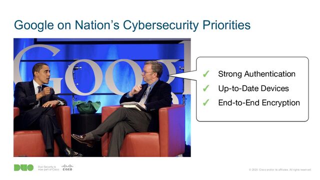 © 2020 Cisco and/or its affiliates. All rights reserved.
Google on Nation’s Cybersecurity Priorities
✓ Strong Authentication
✓ Up-to-Date Devices
✓ End-to-End Encryption
