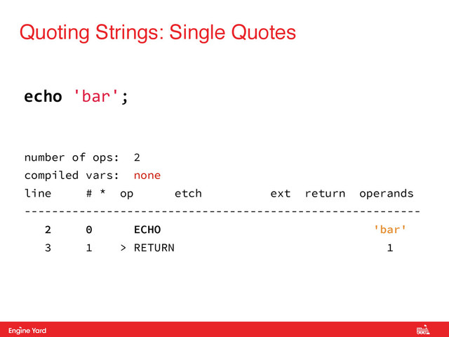 Proprietary and Confidential
Quoting Strings: Single Quotes
number of ops: 2
compiled vars: none
line # * op etch ext return operands
----------------------------------------------------------
2 0 ECHO 'bar'
3 1 > RETURN 1
echo#'bar';
