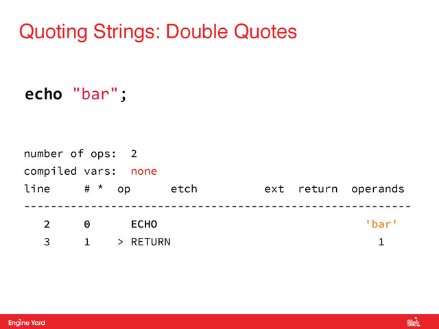 Proprietary and Confidential
Quoting Strings: Double Quotes
echo#"bar";
number of ops: 2
compiled vars: none
line # * op etch ext return operands
----------------------------------------------------------
2 0 ECHO 'bar'
3 1 > RETURN 1
