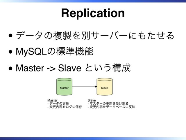 Replication
データの複製を別サーバーにもたせる
MySQLの標準機能
Master -> Slave という構成
