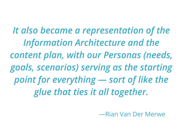 It also became a representation of the
Information Architecture and the
content plan, with our Personas (needs,
goals, scenarios) serving as the starting
point for everything — sort of like the
glue that ties it all together.
— Jeremy Keith
—Rian Van Der Merwe
