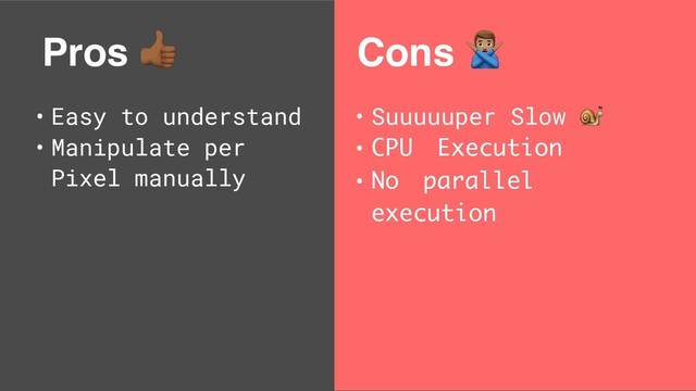 Pros $
• Easy to understand
• Manipulate per
Pixel manually
Cons %
• Suuuuuper Slow 
• CPU Execution
• No parallel
execution
