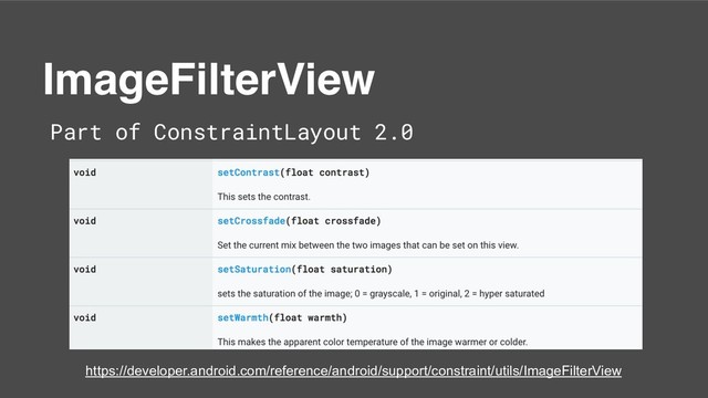 ImageFilterView
Part of ConstraintLayout 2.0
https://developer.android.com/reference/android/support/constraint/utils/ImageFilterView
