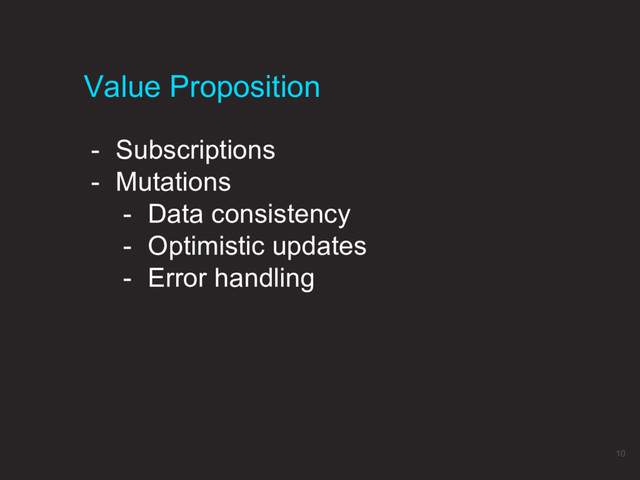 - Subscriptions
- Mutations
- Data consistency
- Optimistic updates
- Error handling
Value Proposition
10
