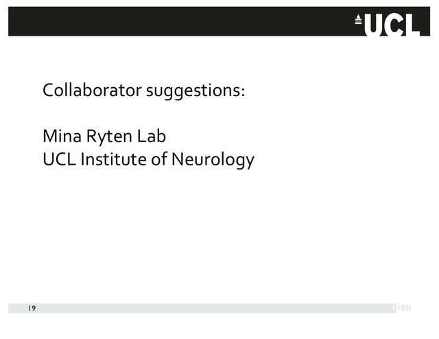 EXPRESSION
19
Collaborator suggestions:
Mina Ryten Lab
UCL Institute of Neurology
