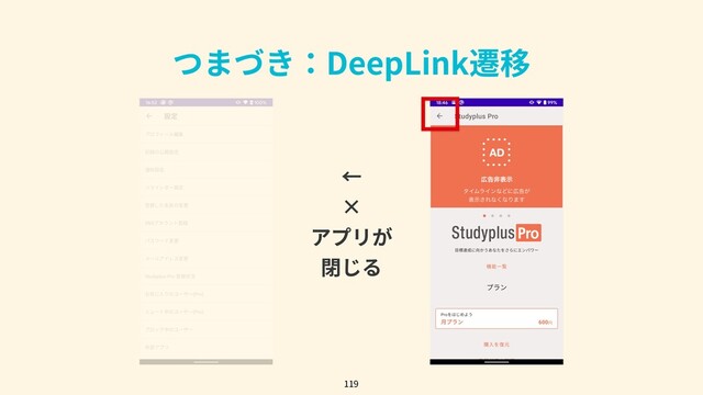 つまづき：DeepLink遷移
119
←
×
アプリが
閉じる
