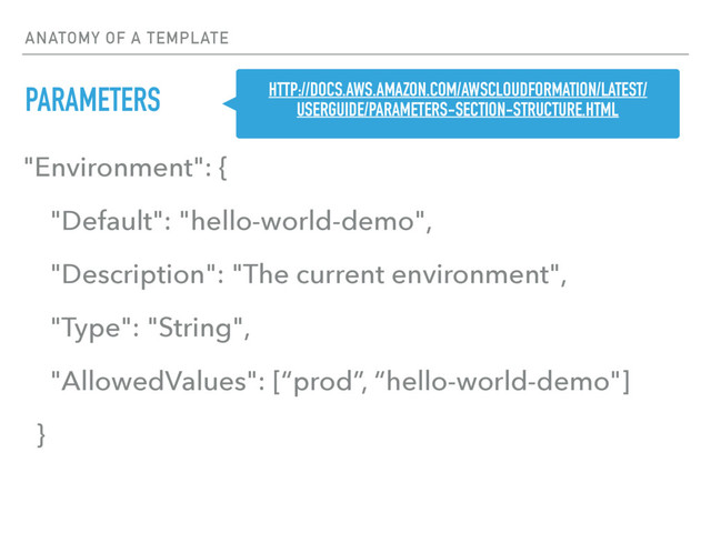 ANATOMY OF A TEMPLATE
PARAMETERS
"Environment": {
"Default": "hello-world-demo",
"Description": "The current environment",
"Type": "String",
"AllowedValues": [“prod”, “hello-world-demo"]
}
HTTP://DOCS.AWS.AMAZON.COM/AWSCLOUDFORMATION/LATEST/
USERGUIDE/PARAMETERS-SECTION-STRUCTURE.HTML
