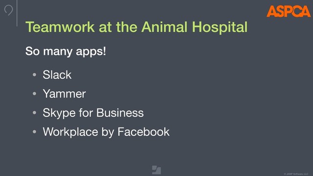 © JAMF Software, LLC
Teamwork at the Animal Hospital
• Slack

• Yammer

• Skype for Business

• Workplace by Facebook
So many apps!
