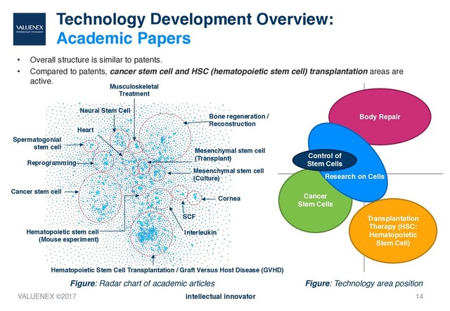 Technology Development Overview:
Academic Papers
• Overall structure is similar to patents.
• Compared to patents, cancer stem cell and HSC (hematopoietic stem cell) transplantation areas are
active.
14
Neural Stem Cell
Heart
Cancer stem cell
Musculoskeletal
Treatment
Bone regeneration /
Reconstruction
Spermatogonial
stem cell
Mesenchymal stem cell
(Transplant)
Hematopoietic stem cell
(Mouse experiment)
Cornea
SCF
Interleukin
Hematopoietic Stem Cell Transplantation / Graft Versus Host Disease (GVHD)
Body Repair
Cancer
Stem Cells
Control of
Stem Cells
Research on Cells
Mesenchymal stem cell
(Culture)
Transplantation
Therapy (HSC:
Hematopoietic
Stem Cell)
Figure: Radar chart of academic articles Figure: Technology area position
Reprogramming
VALUENEX ©2017 intellectual innovator
