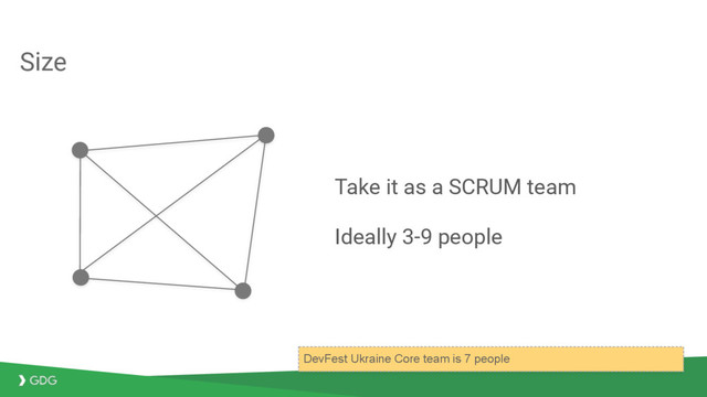 Size
Take it as a SCRUM team
Ideally 3-9 people
DevFest Ukraine Core team is 7 people
