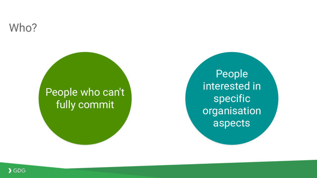 Who?
People who can't
fully commit
People
interested in
specific
organisation
aspects
