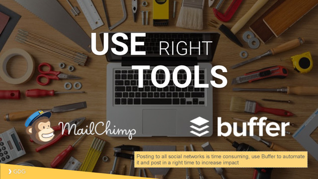 USE RIGHT
TOOLS
Posting to all social networks is time consuming, use Buffer to automate
it and post in a right time to increase impact
