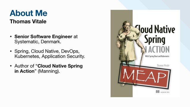 Thomas Vitale
• Senior Software Engineer at
Systematic, Denmark.

• Spring, Cloud Native, DevOps,
Kubernetes, Application Security.

• Author of “Cloud Native Spring
in Action” (Manning).
About Me
