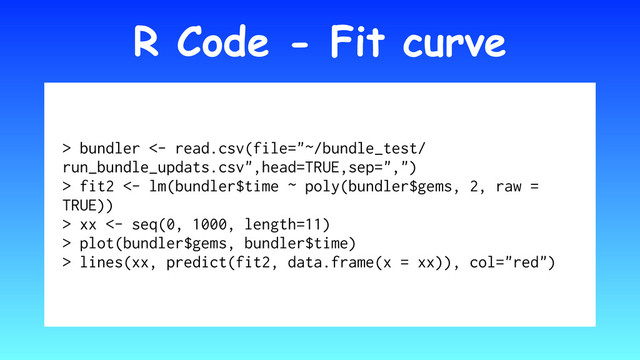 R Code - Fit curve
> bundler <- read.csv(file="~/bundle_test/
run_bundle_updats.csv",head=TRUE,sep=",")
> fit2 <- lm(bundler$time ~ poly(bundler$gems, 2, raw =
TRUE))
> xx <- seq(0, 1000, length=11)
> plot(bundler$gems, bundler$time)
> lines(xx, predict(fit2, data.frame(x = xx)), col="red")
