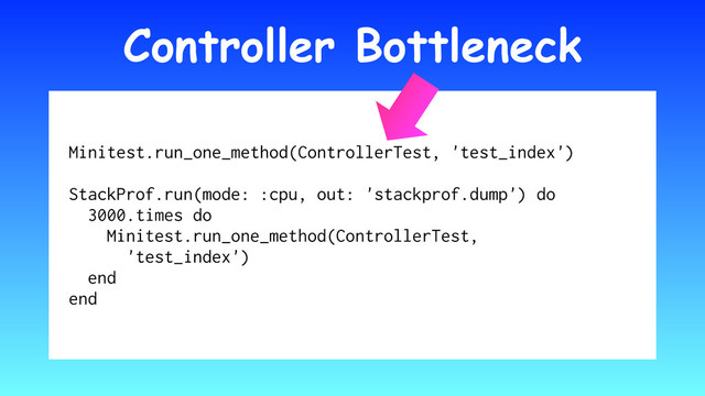 Controller Bottleneck
Minitest.run_one_method(ControllerTest, 'test_index')
StackProf.run(mode: :cpu, out: 'stackprof.dump') do
3000.times do
Minitest.run_one_method(ControllerTest,
'test_index')
end
end
