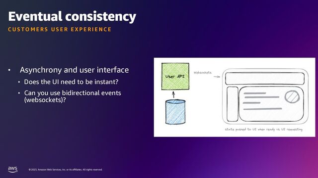 © 2023, Amazon Web Services, Inc. or its affiliates. All rights reserved.
Eventual consistency
• Asynchrony and user interface
• Does the UI need to be instant?
• Can you use bidirectional events
(websockets)?
C U S T O M E R S U S E R E X P E R I E N C E
