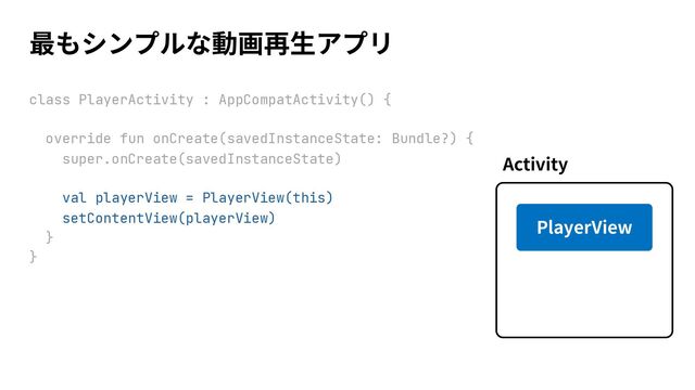 Activity
PlayerView
class PlayerActivity : AppCompatActivity() {
override fun onCreate(savedInstanceState: Bundle?) {
super.onCreate(savedInstanceState)
val playerView = PlayerView(this)
setContentView(playerView)
}
}
