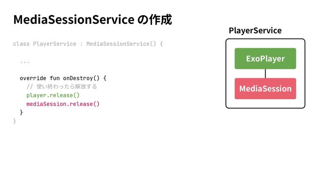 MediaSessionService
PlayerService
class PlayerService : MediaSessionService() {
...
override fun onDestroy() {
//
player.release()
mediaSession.release()
}
}
ExoPlayer
MediaSession
