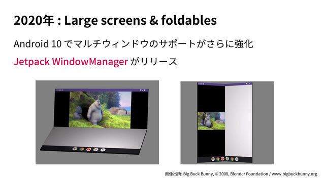2020 : Large screens & foldables
Android 10
Jetpack WindowManager
: Big Buck Bunny, © 2008, Blender Foundation / www.bigbuckbunny.org
