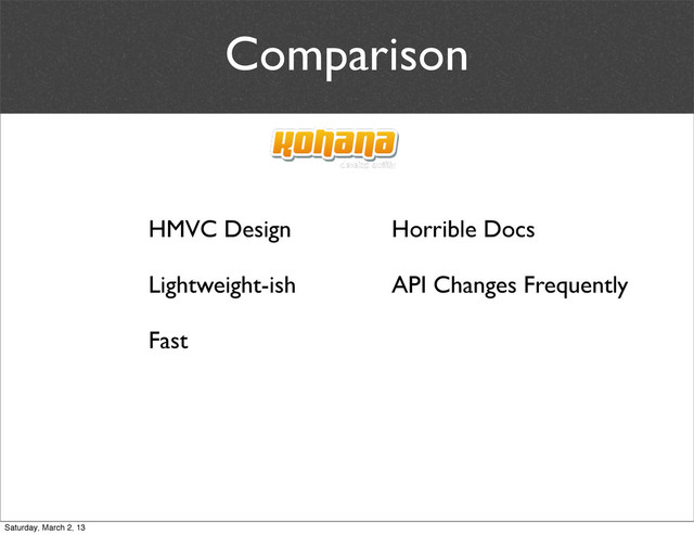 Comparison
HMVC Design
Lightweight-ish
Fast
Horrible Docs
API Changes Frequently
Saturday, March 2, 13
