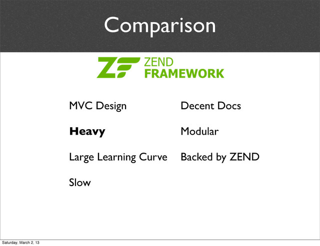 Comparison
MVC Design
Heavy
Large Learning Curve
Slow
Decent Docs
Modular
Backed by ZEND
Saturday, March 2, 13

