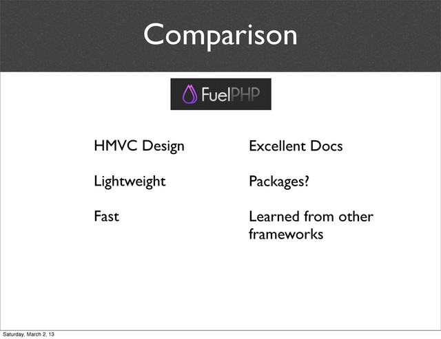 Comparison
HMVC Design
Lightweight
Fast
Excellent Docs
Packages?
Learned from other
frameworks
Saturday, March 2, 13
