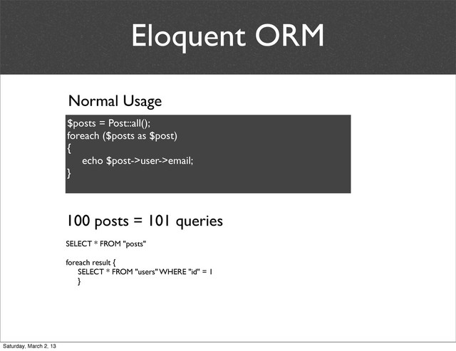 Eloquent ORM
Normal Usage
$posts = Post::all();
foreach ($posts as $post)
{
echo $post->user->email;
}
100 posts = 101 queries
SELECT * FROM "posts"
foreach result {
SELECT * FROM "users" WHERE "id" = 1
}
Saturday, March 2, 13
