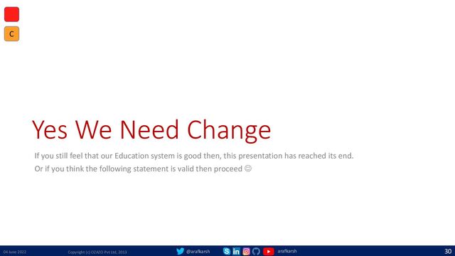 @arafkarsh arafkarsh
Yes We Need Change
If you still feel that our Education system is good then, this presentation has reached its end.
Or if you think the following statement is valid then proceed ☺
04 June 2022 Copyright (c) OZAZO Pvt Ltd, 2013
30
C
