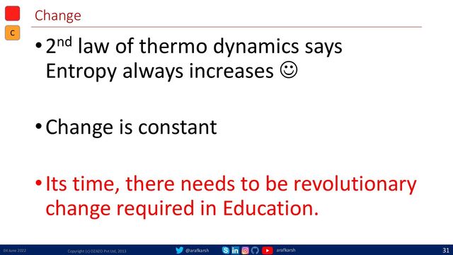 @arafkarsh arafkarsh
Change
•2nd law of thermo dynamics says
Entropy always increases ☺
•Change is constant
•Its time, there needs to be revolutionary
change required in Education.
04 June 2022 Copyright (c) OZAZO Pvt Ltd, 2013
31
C
