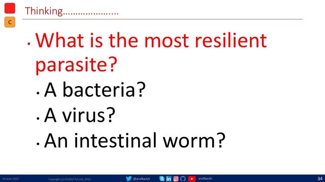 @arafkarsh arafkarsh
Thinking………………....
•
What is the most resilient
parasite?
•
A bacteria?
•
A virus?
•
An intestinal worm?
04 June 2022 Copyright (c) OZAZO Pvt Ltd, 2013
34
C
