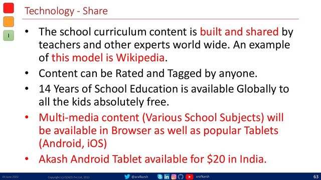 @arafkarsh arafkarsh
Technology - Share
• The school curriculum content is built and shared by
teachers and other experts world wide. An example
of this model is Wikipedia.
• Content can be Rated and Tagged by anyone.
• 14 Years of School Education is available Globally to
all the kids absolutely free.
• Multi-media content (Various School Subjects) will
be available in Browser as well as popular Tablets
(Android, iOS)
• Akash Android Tablet available for $20 in India.
04 June 2022 Copyright (c) OZAZO Pvt Ltd, 2013
63
I
