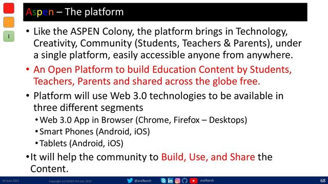 @arafkarsh arafkarsh
Aspen – The platform
• Like the ASPEN Colony, the platform brings in Technology,
Creativity, Community (Students, Teachers & Parents), under
a single platform, easily accessible anyone from anywhere.
• An Open Platform to build Education Content by Students,
Teachers, Parents and shared across the globe free.
• Platform will use Web 3.0 technologies to be available in
three different segments
•Web 3.0 App in Browser (Chrome, Firefox – Desktops)
•Smart Phones (Android, iOS)
•Tablets (Android, iOS)
•It will help the community to Build, Use, and Share the
Content.
04 June 2022 Copyright (c) OZAZO Pvt Ltd, 2013
68
I
