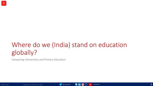 @arafkarsh arafkarsh
Where do we (India) stand on education
globally?
Comparing Universities and Primary Education
04 June 2022 Copyright (c) OZAZO Pvt Ltd, 2013
8
R
