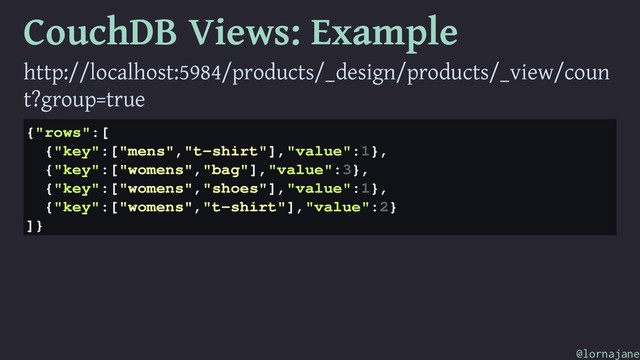 CouchDB Views: Example
http://localhost:5984/products/_design/products/_view/coun
t?group=true
{"rows":[
{"key":["mens","t-shirt"],"value":1},
{"key":["womens","bag"],"value":3},
{"key":["womens","shoes"],"value":1},
{"key":["womens","t-shirt"],"value":2}
]}
@lornajane
