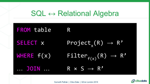 FROM table R
SELECT x Project
x
(R) → R’
WHERE f(x) Filter
f(x)
(R) → R’
… JOIN … R × S → R’
SQL ↔ Relational Algebra
Sumedh Pathak | Citus Data | QCon London 2018
