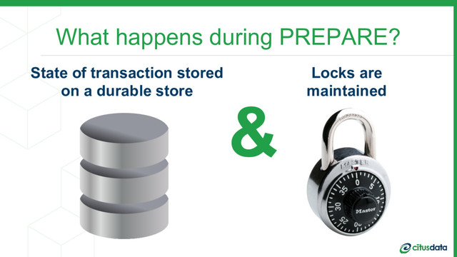 What happens during PREPARE?
State of transaction stored
on a durable store
Locks are
maintained
&
