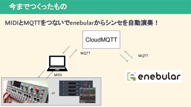 今までつくったもの
CloudMQTT
MIDI
MQTT
MQTT
or
MIDIとMQTTをつないでenebularからシンセを自動演奏！
