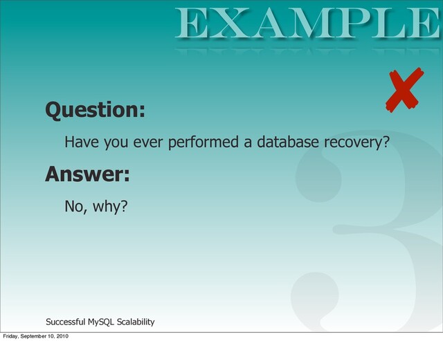 Successful MySQL Scalability
Question:
Have you ever performed a database recovery?
Answer:
No, why?
Example
3
✘
Friday, September 10, 2010

