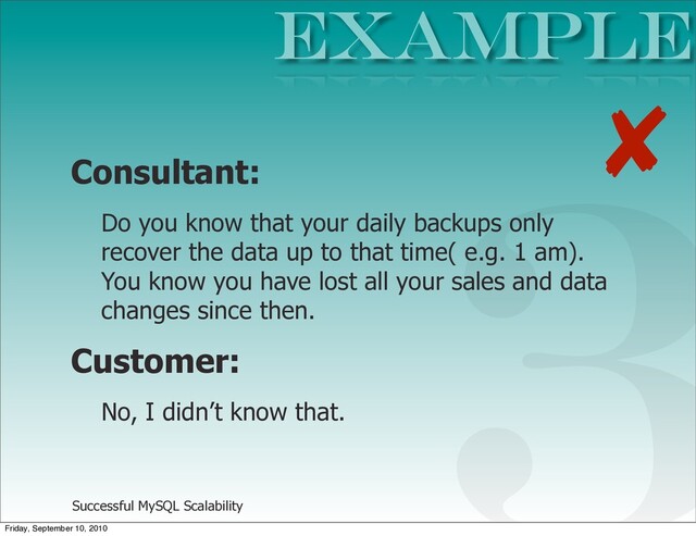 Successful MySQL Scalability
Consultant:
Do you know that your daily backups only
recover the data up to that time( e.g. 1 am).
You know you have lost all your sales and data
changes since then.
Customer:
No, I didn’t know that.
Example
3
✘
Friday, September 10, 2010
